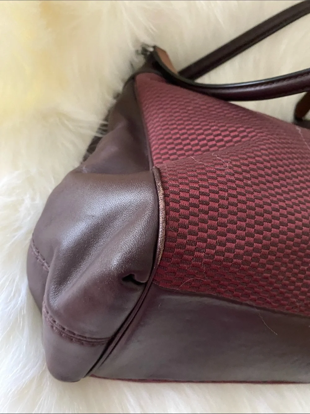 Coach Lexy Carryall Shoulder Bag in Dark Maroon Canvas and Oxblood Leather Trim